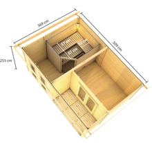 Vue de dessus d''une maison de jardin en bois avec sauna et indications de dimensions.