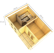 Plan d''une sauna en bois avec indications de dimensions