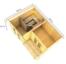 Vue de dessus d''une maison de jardin avec sauna et indications de taille