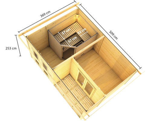 Draufsicht eines Gartenhauses mit Sauna und Maßangaben