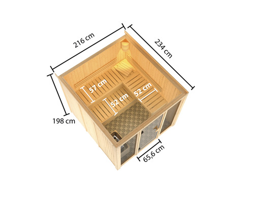 Draufsicht einer Holzsauna mit Maßangaben zu den Abmessungen