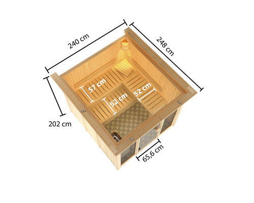 Draufsicht einer Holzsauna mit Maßangaben der Innenräume