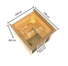 Abmessungen einer Holzsauna mit Bänken und Glasfront