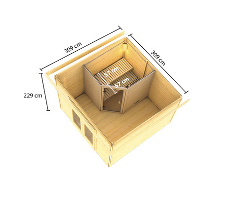 Abbildung eines Saunahauses aus Holz mit den Maßen 309 x 229 Zentimeter und einer Innensauna mit Bänken