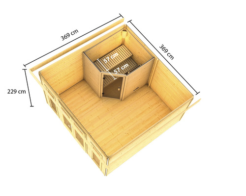 Vue de dessus d''une maison de jardin en bois avec sauna et dimensions