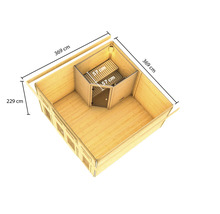 Vue de dessus de la maison de jardin avec sauna et les dimensions 369 sur 369 sur 229 centimètres