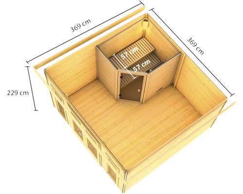 Illustration d''un sauna en bois avec indications de dimensions