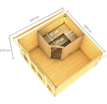 Illustration d''un sauna de jardin mesurant 369 x 369 x 229 centimètres.