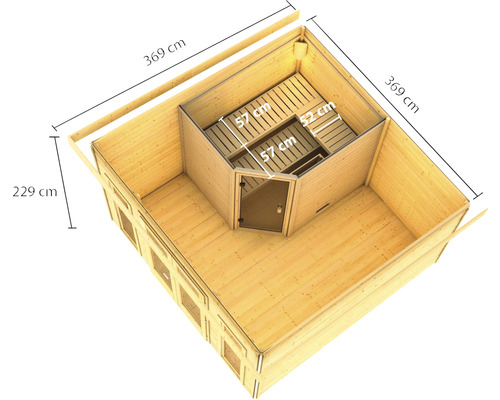 Vue intérieure d''un sauna en bois avec des indications de longueur et de largeur