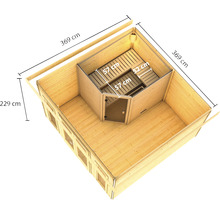 Draufsicht einer Gartensauna mit den Maßen 369 mal 369 mal 229 Zentimeter.