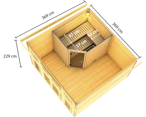 Vue de dessus d''une maison en bois avec sauna et indications de dimensions 369 cm, 229 cm, 57 cm et 52 cm
