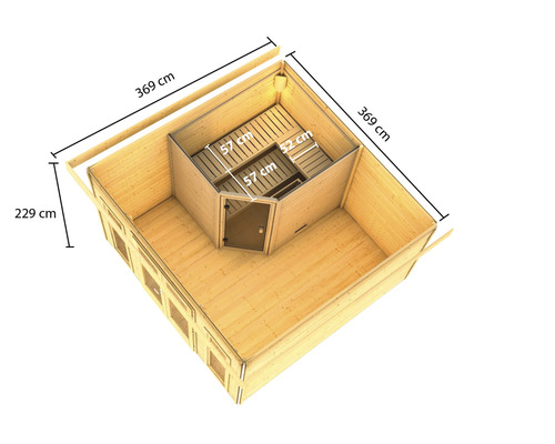 Vue de dessus d''un sauna de jardin mesurant 369 sur 369 sur 229 centimètres.