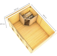 Illustration eines Holzhauses mit Sauna und Maßangaben.