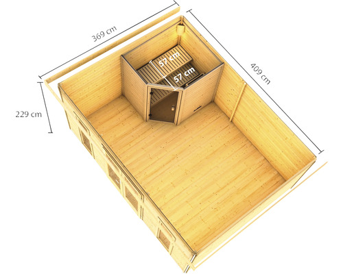 Vue détaillée d''un chalet de jardin en bois avec sauna intégré et indications de dimensions