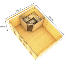 Vue intérieure d''un sauna de jardin mesurant 369 cm x 409 cm x 229 cm