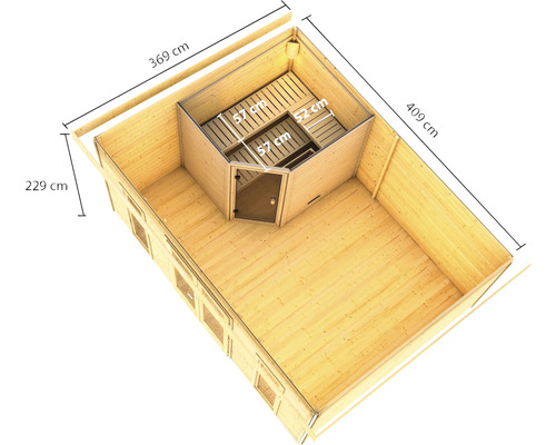Illustration d''une maison de jardin en bois avec sauna intégré et indications de dimensions.