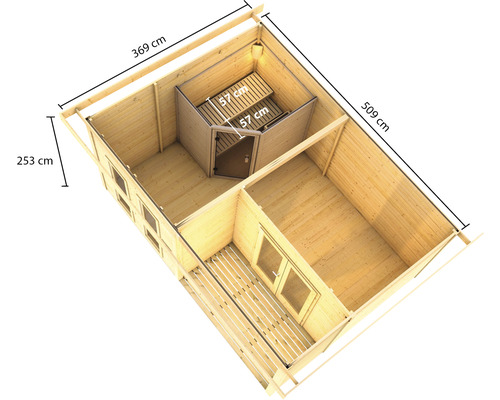 Plan d''une maison en bois avec sauna et les dimensions 369 cm de long, 509 cm de large et 253 cm de haut.