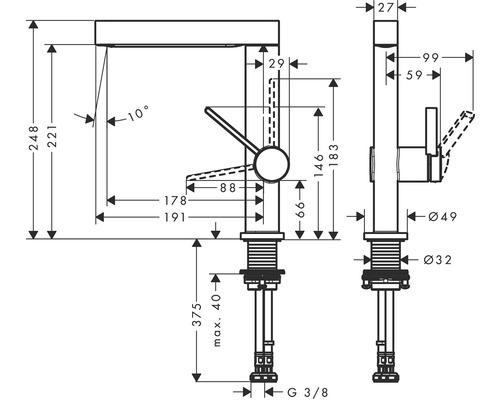 Schéma technique d''un mitigeur de lavabo avec indications de dimensions