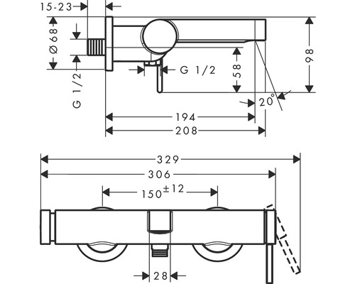 Dessin technique d''un robinet avec indications de mesure