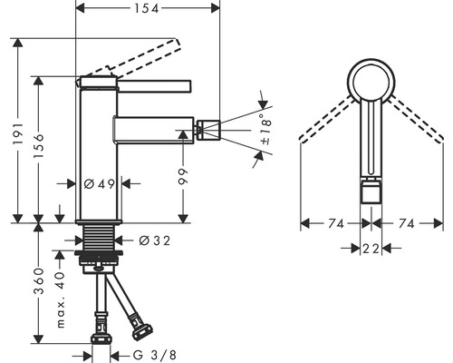 Technische Zeichnung einer Armatur mit Maßangaben