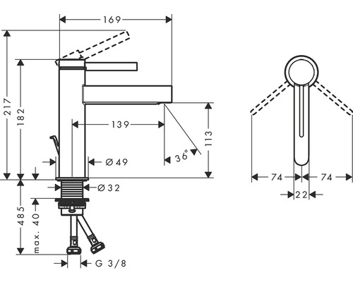 Technische Zeichnung einer Armatur mit Maßangaben