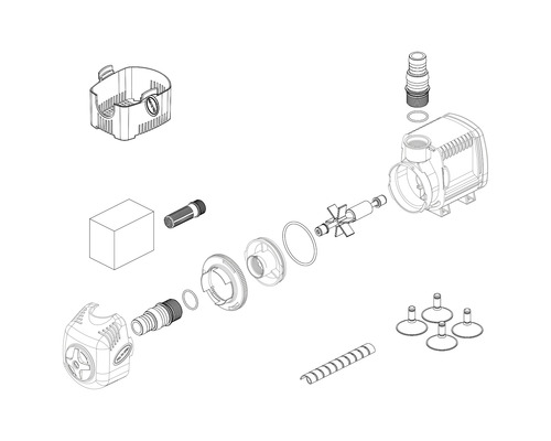 Schéma éclaté d''une pompe de bassin avec accessoires.