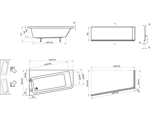 Dessin technique d''une baignoire avec dimensions
