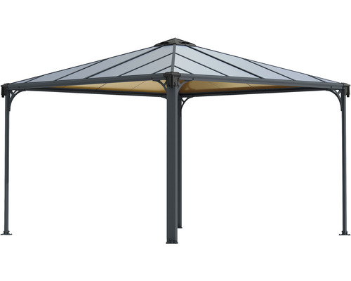 Pavillon mit Dach aus Polycarbonatplatten und Textilsonnenschutz