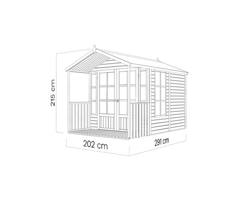 Image d''un abri de jardin mesurant 215 cm de haut, 202 cm de large et 291 cm de long