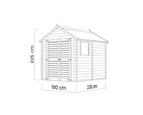 Technische Zeichnung eines Gartenhauses mit den Maßen 225 x 180 x 238 cm