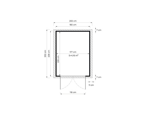 Abmessungen eines Gartenhauses: 252 cm Höhe, 202 cm Breite, 4,16 Quadratmeter Fläche