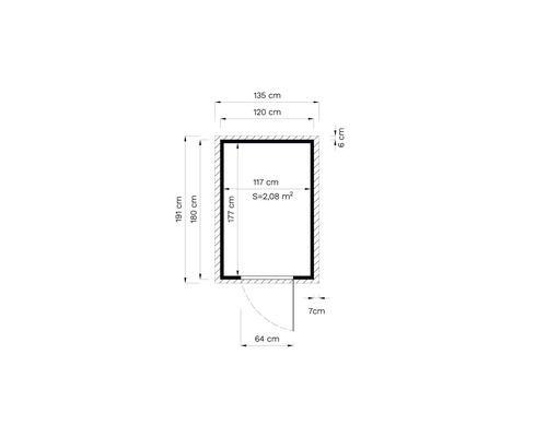 Technische Zeichnung mit Maßangaben zu einem Gerätehaus