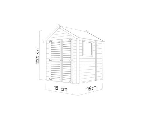 Abbildung eines Gartenhauses mit Abmessungen: 225 cm Höhe, 181 cm Breite und 175 cm Tiefe.