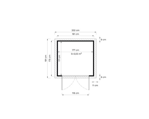 Grundriss eines Gartenhauses mit Massangaben