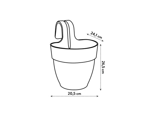 Abbildung einer Pflanzampel mit den Maßangaben 24,1 cm Breite, 26,5 cm Höhe und 20,5 cm Durchmesser