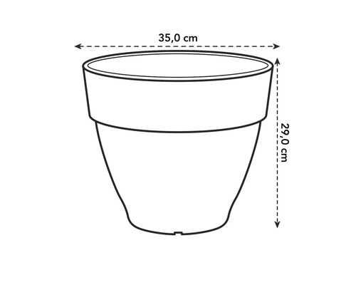 Skizze eines Pflanzgefäßes mit den Maßen 35,0 cm Breite und 29,0 cm Höhe.