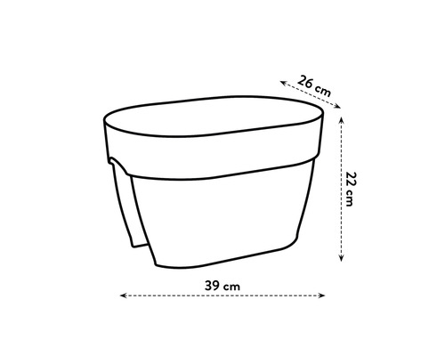 Illustration eines Pflanzgefäßes mit den Maßen 26 cm Breite, 22 cm Höhe und 39 cm Länge