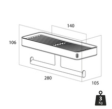 Technische Zeichnung eines Wandregals mit Handtuchhalter und Maßangaben