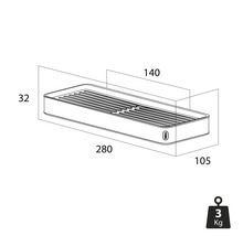 Technische Zeichnung einer Duschablage mit den Maßen 280 x 105 x 32 mm und einer Tiefe von 140 mm, Gewicht 3 kg.