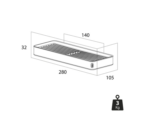 Technische Zeichnung einer Duschablage mit den Maßen 280 x 105 x 32 mm und einer Tiefe von 140 mm, Gewicht 3 kg.