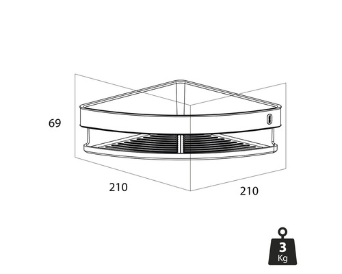Technische Zeichnung einer Eckablage mit Maßangaben