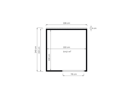 Grundriss mit Maßangaben: 240 cm Höhe, 226 cm Breite, Fläche 5,1 Quadratmeter