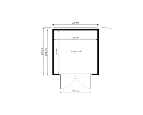 Plan avec dimensions : 230 centimètres de large, 236 centimètres de haut et une surface de 5,19 mètres carrés