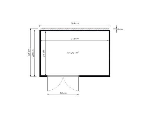 Plan avec indications de dimensions : 345 cm de large, 236 cm de haut, surface de 7,79 m²