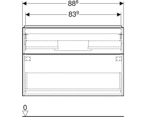 Technische Zeichnung eines Waschtischunterschranks mit Maßangaben