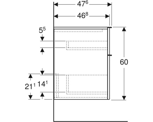 Schéma technique d''un meuble sous-lavabo de salle de bains avec cotes