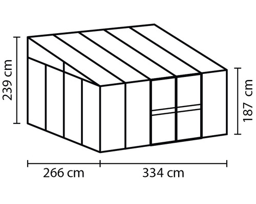 Dessin d''une serre avec les dimensions 266 cm, 334 cm, 239 cm et 187 cm.