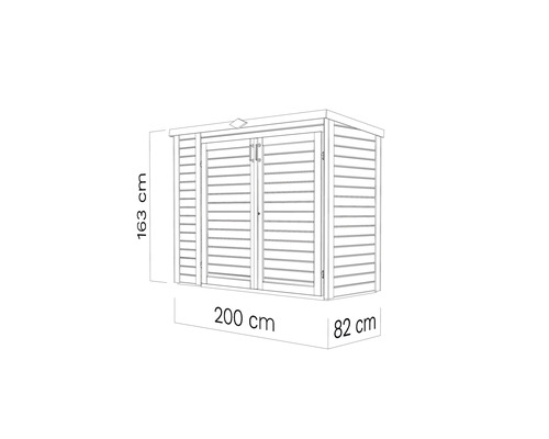 Gartenschrank mit den Maßen 163 cm Höhe, 200 cm Breite und 82 cm Tiefe.