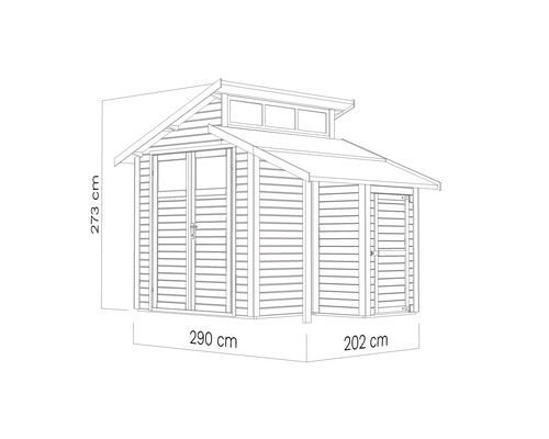 Illustration d''une cabane de jardin avec des dimensions de 273 par 290 par 202 centimètres.