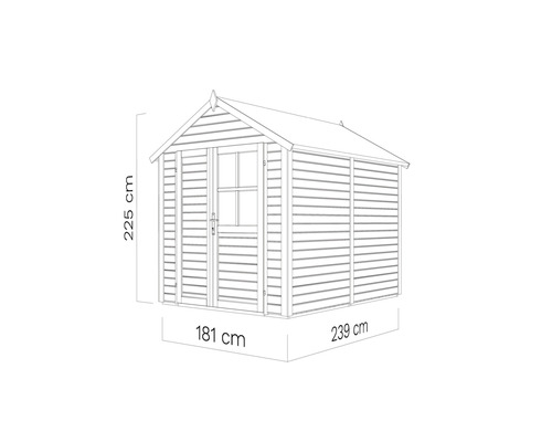 Abbildung eines Gartenhauses mit Maßangaben: 225 cm hoch, 181 cm breit und 239 cm tief.